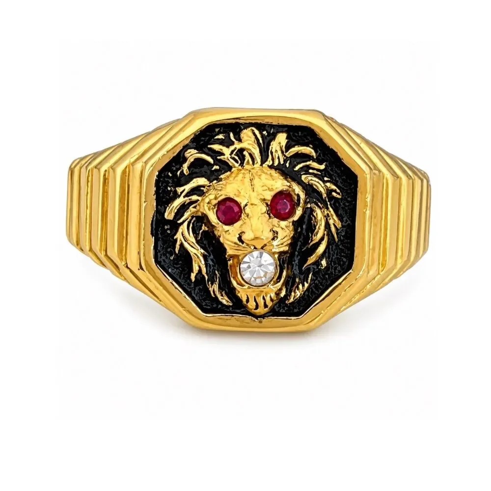 Vintage 1970s Ring Size 11 Clark Coombs Lions Head Crystal Gold Plate - 14P